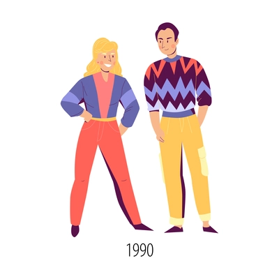 Male and female character wearing clothes in fashion of nineties flat isolated vector illustration