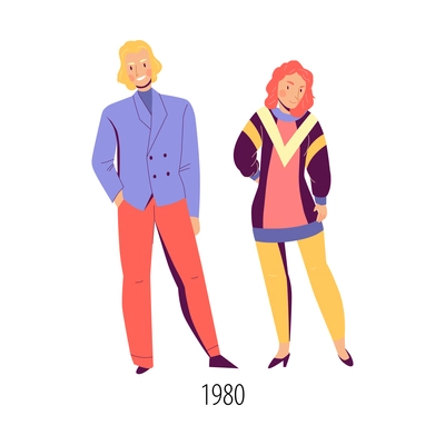 Woman and man wearing bright clothes in fashion of eighties flat isolated vector illustration