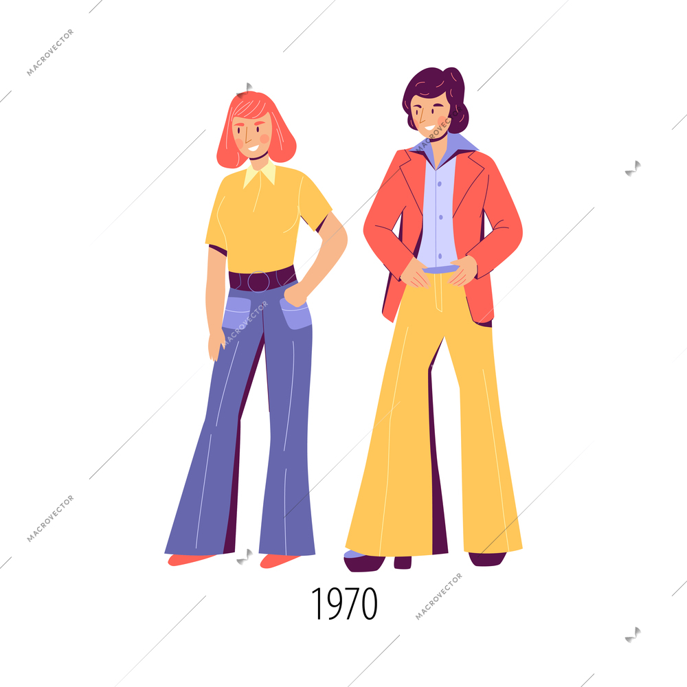 Clothes in fashion of seventies with male and female character flat isolated vector illustration