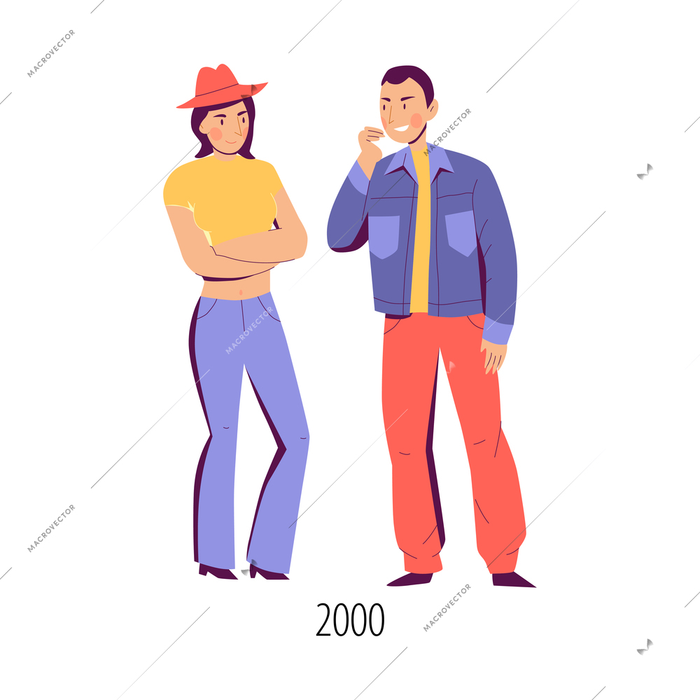 Man and woman dressed in clothes of 2000 fashion flat isolated vector illustration