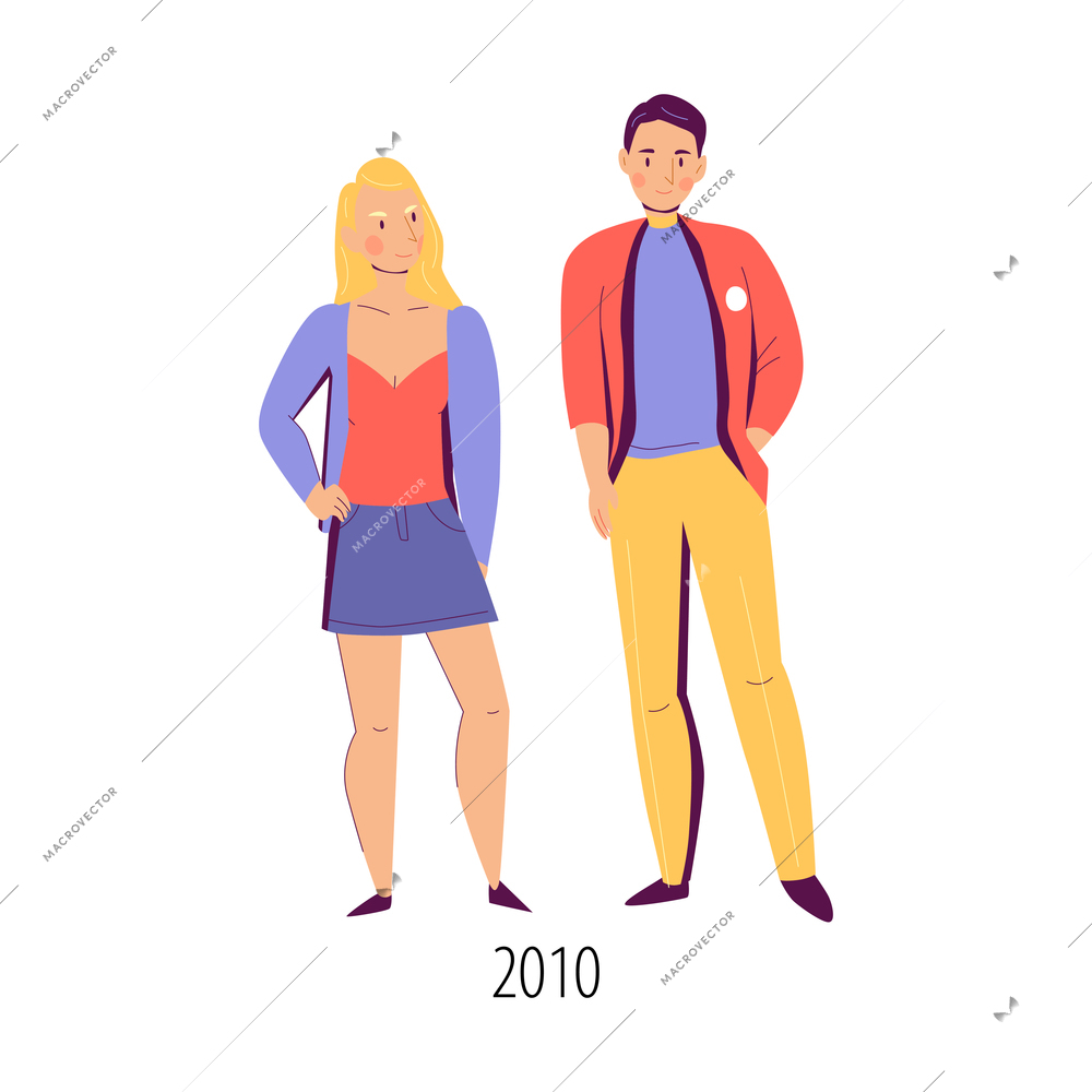 Couple dressed in 2010 fashion clothes flat isolated vector illustration