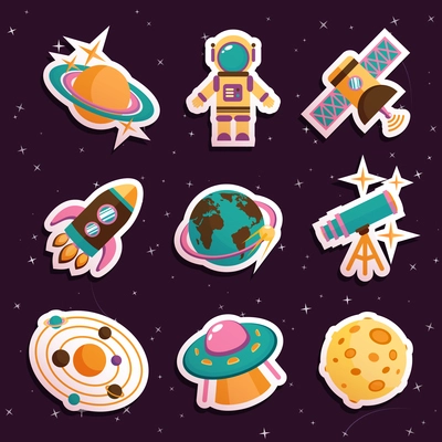 Space and astronomy stickers set with solar system ufo moon isolated vector illustration