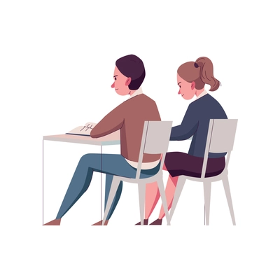 Two girls sitting at desk at school lesson flat vector illustration
