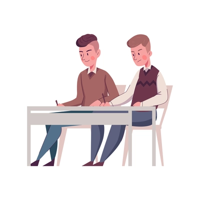 Two boys students sitting at desk in classroom flat vector illustration