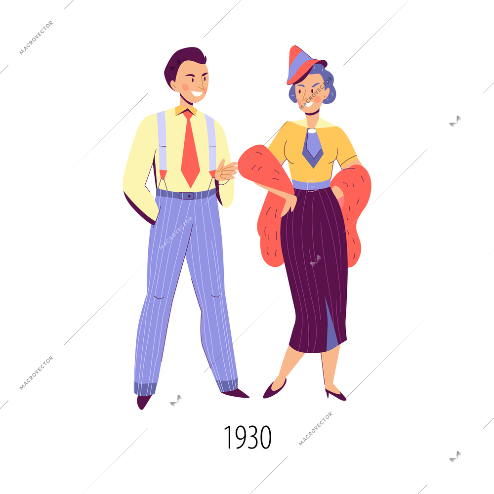 Flat characters of man and woman dressed in clothing in fashion of thirties isolated vector illustration