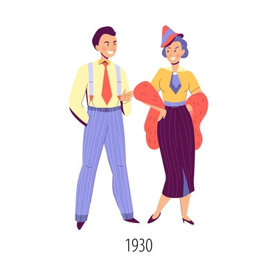 Flat characters of man and woman dressed in clothing in fashion of thirties isolated vector illustration