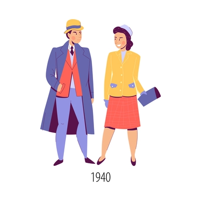 Characters of man and woman wearing 1940 fashion clothes flat isolated vector illustration