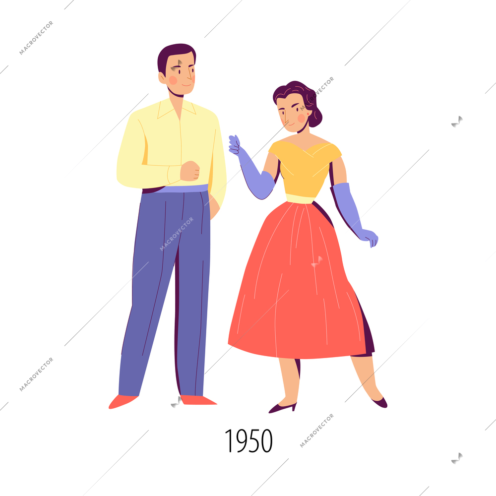 Fashion clothing in retro style of fifties with male and female characters flat isolated vector illustration