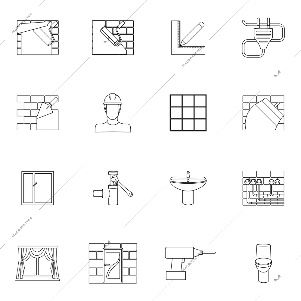 Home repair diy renovation outline icons set with work tools isolated vector illustration