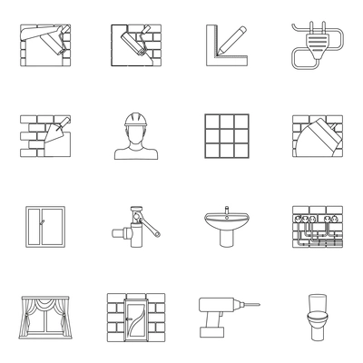 Home repair diy renovation outline icons set with work tools isolated vector illustration