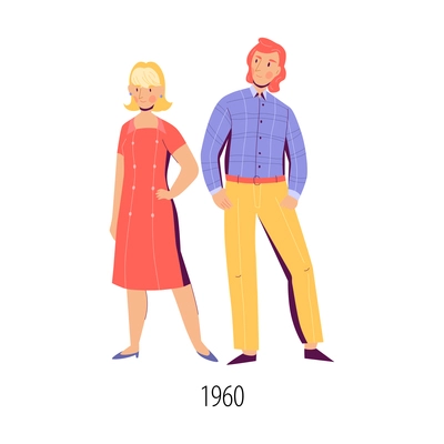 Man and woman wearing 1960 fashion clothes flat isolated vector illustration