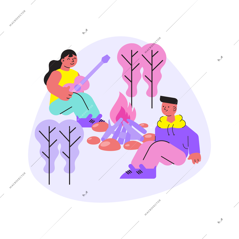 Camp flat composition with two characters playing guitar near campfire in forest vector illustration