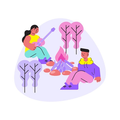 Camp flat composition with two characters playing guitar near campfire in forest vector illustration