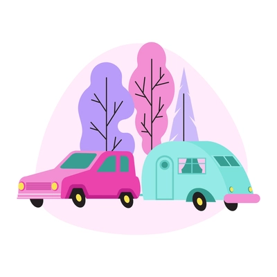 Camp flat composition with colorful caravan and passenger car in forest vector illustration