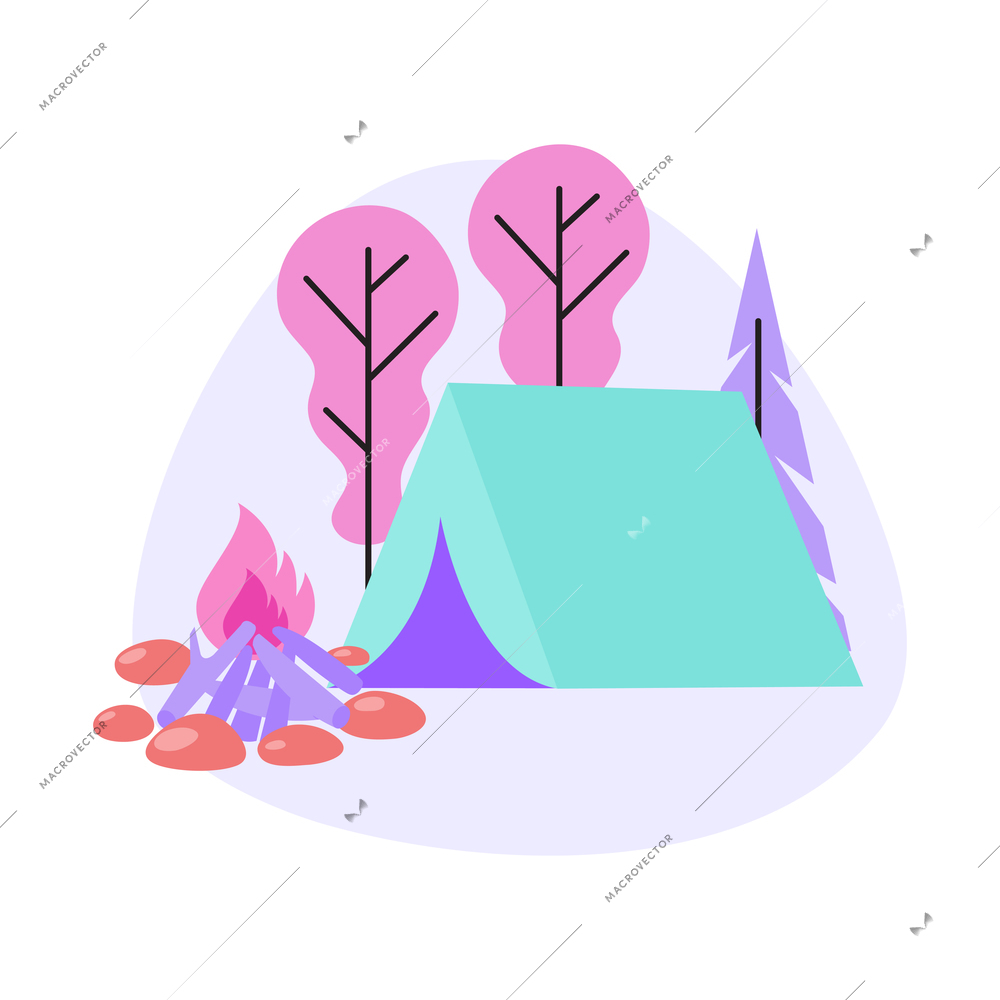 Flat camp composition with tent campfire in forest vector illustration