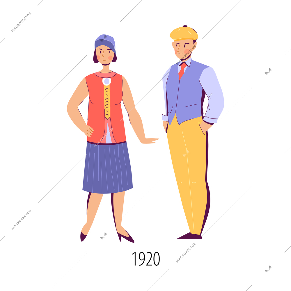 Woman and man dressed in fashion of 1920 flat isolated vector illustration