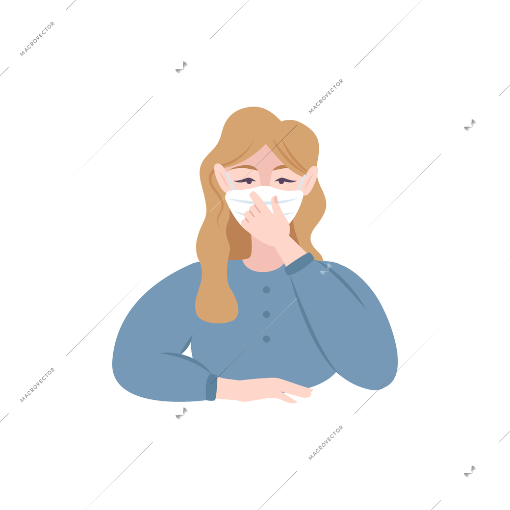 Flat character of woman wearing white protective face mask vector illustration