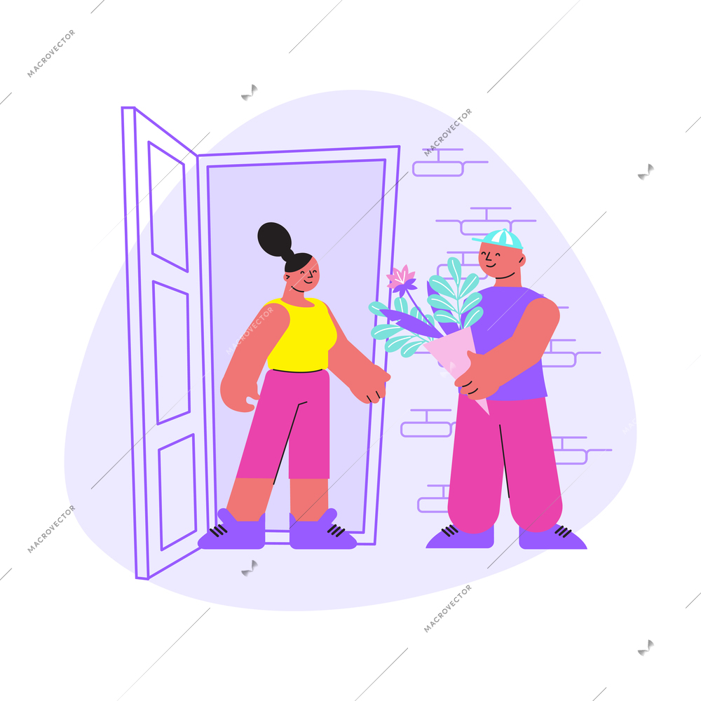 Floristry flat composition with characters of customer and courier delivering bunch of flowers vector illustration