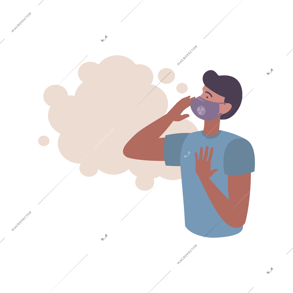 Man in face mask protecting himself from polluted air flat vector illustration