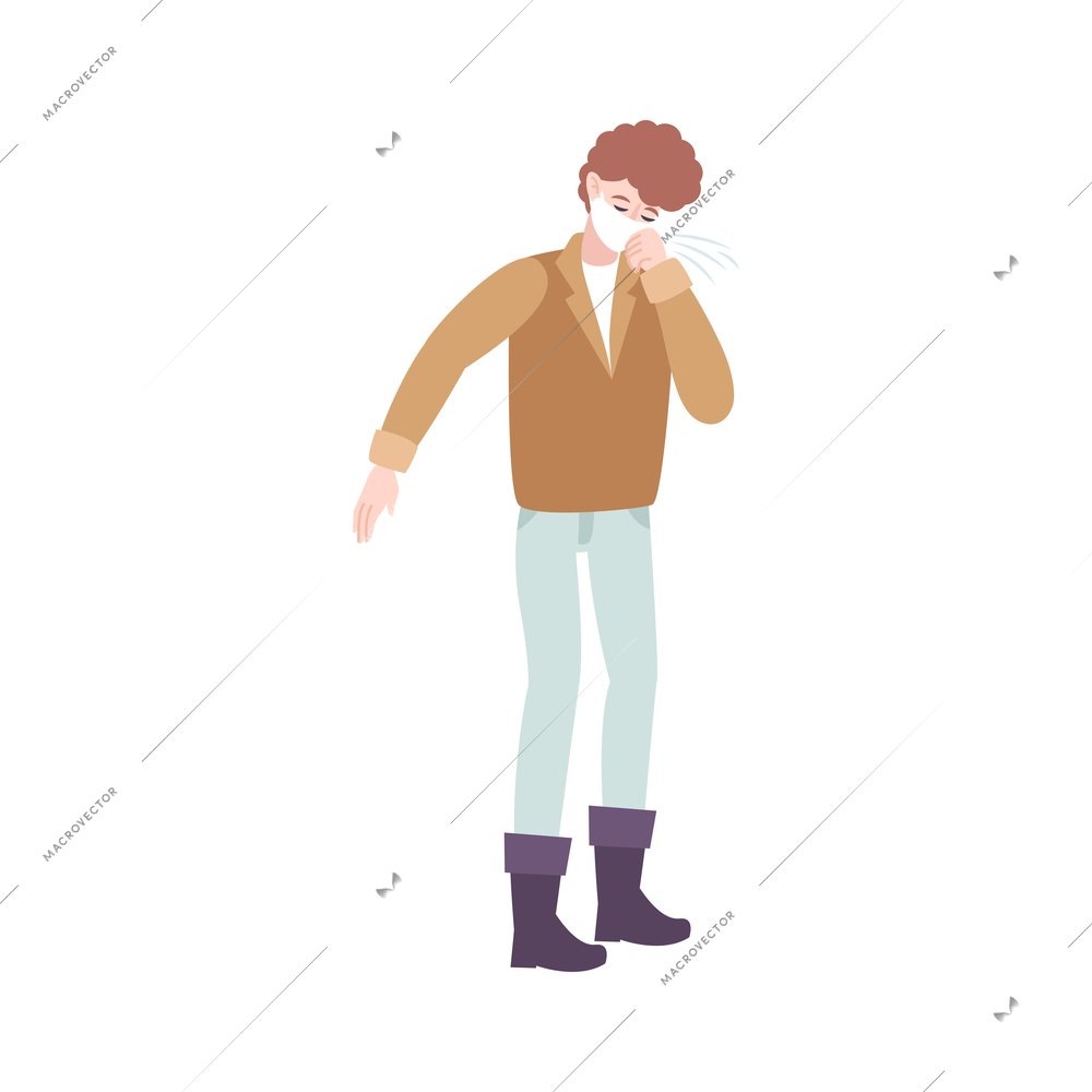 Coughing man in medical face mask flat vector illustration