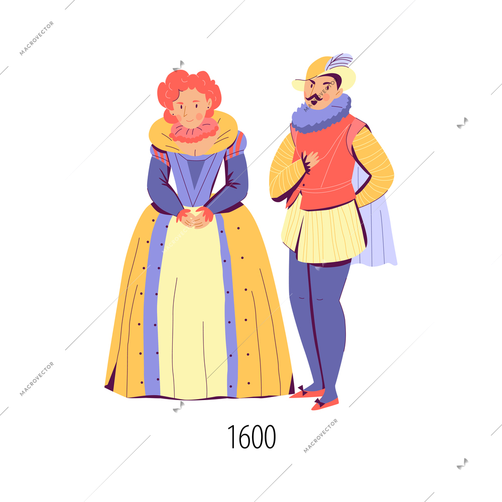 Couple dressed in fashion of seventeenth century flat isolated vector illustration