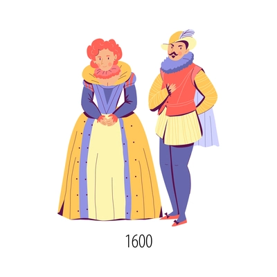 Couple dressed in fashion of seventeenth century flat isolated vector illustration