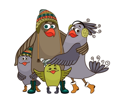 Happy birds family wearing winter boots and accessories on white background cartoon vector illustration
