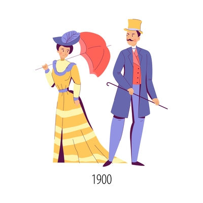 Man and woman dressed in fashion of beginning of twentieth century flat isolated vector illustration