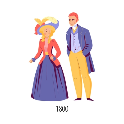 Male and female character wearing clothes in nineteenth century fashion flat isolated vector illustration