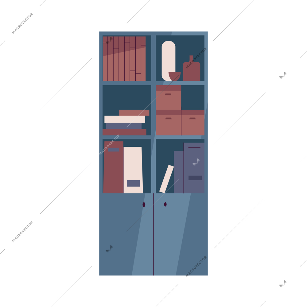 Classroom furniture icon with flat bookcase with folders on shelves vector illustration