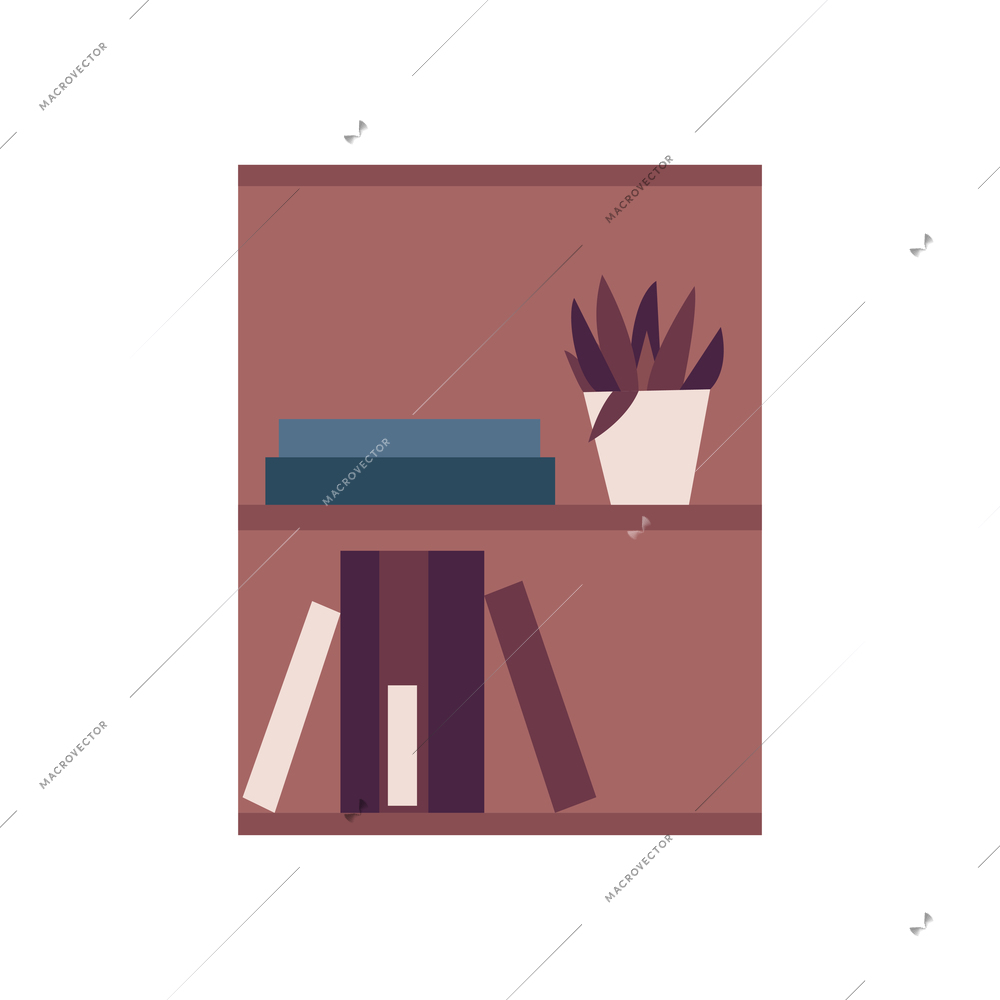 Flat bookshelf with books and potted plant vector illustration