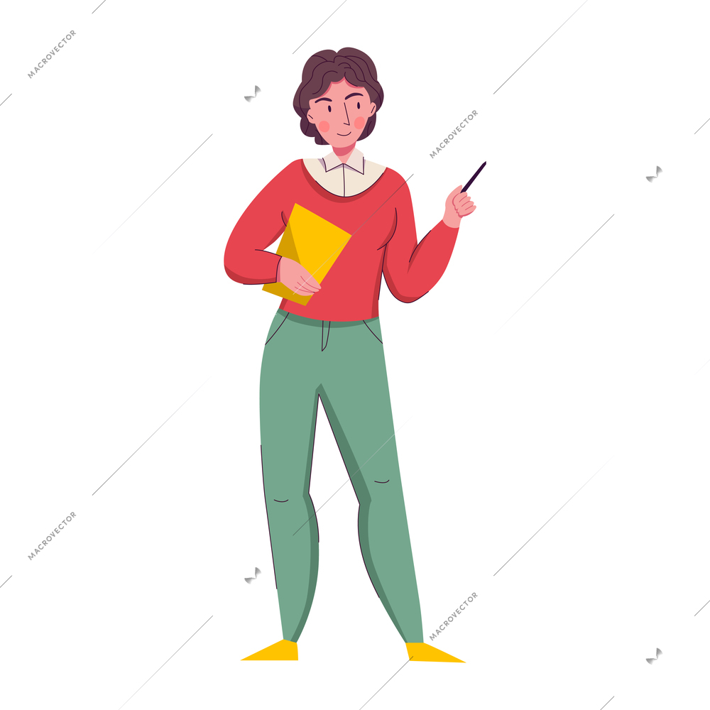 Female teacher in bright colorful clothes with book and pen flat vector illustration