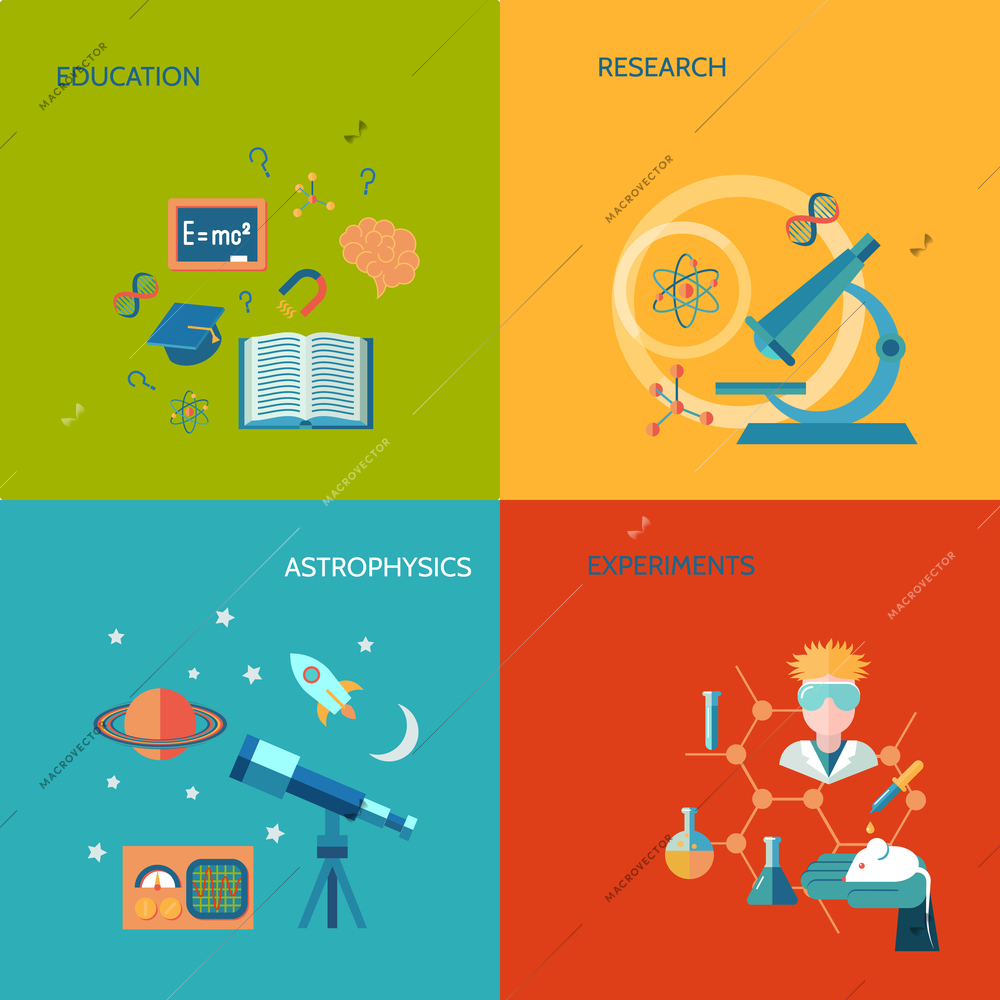 Science and research flat icons set with education research astrophysics experiments isolated vector illustration