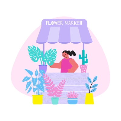 Floristry flat composition with smiling woman selling potted plants at flower market vector illustration