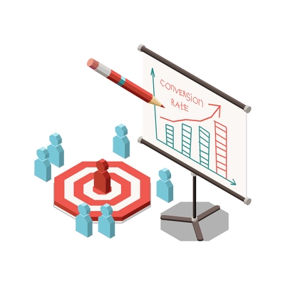 Marketing strategy icon with target and pencil drawing graph on board isometric vector illustration