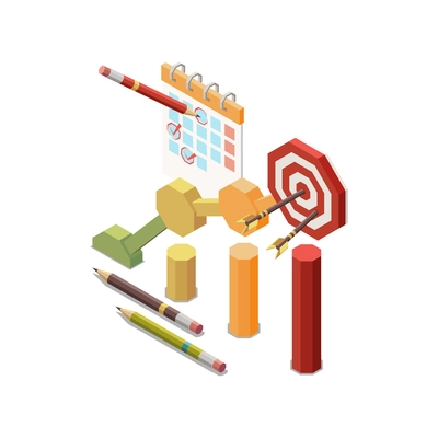 Marketing strategy planning success isometric concept icon with target colorful graph calendar 3d vector illustration