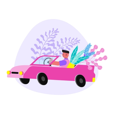 Floristry flat composition with character carrying plants in pink car vector illustration