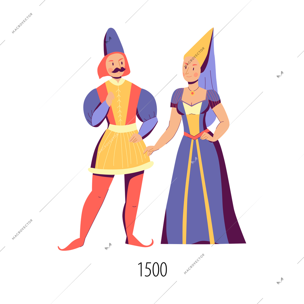 Flat characters of man and woman dressed in fashion of sixteenth century isolated vector illustration