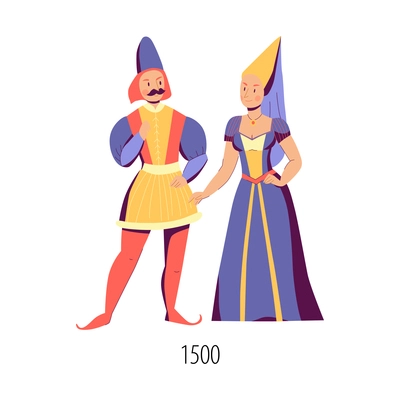 Flat characters of man and woman dressed in fashion of sixteenth century isolated vector illustration