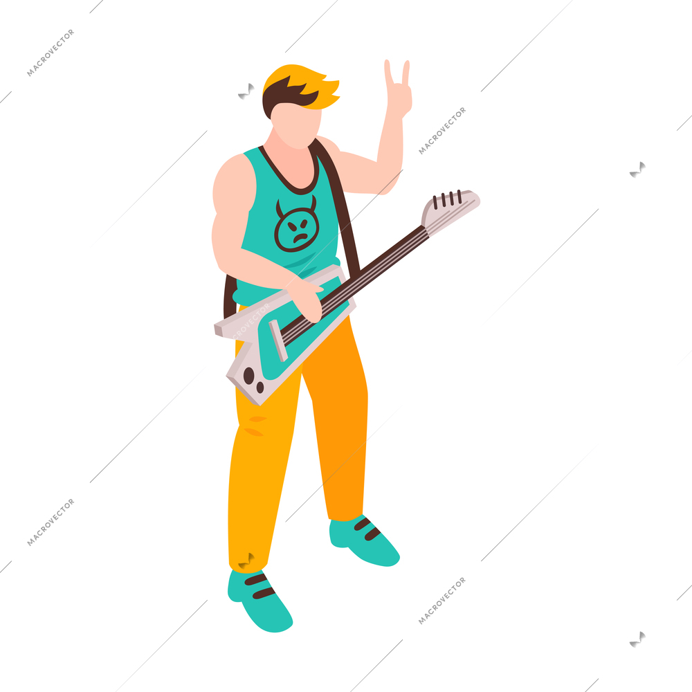 Isometric rock musician performing on stage with guitar 3d vector illustration
