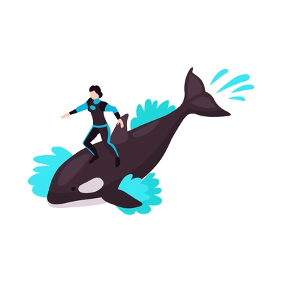 Dolphinarium isometric icon with character riding orca 3d vector illustration