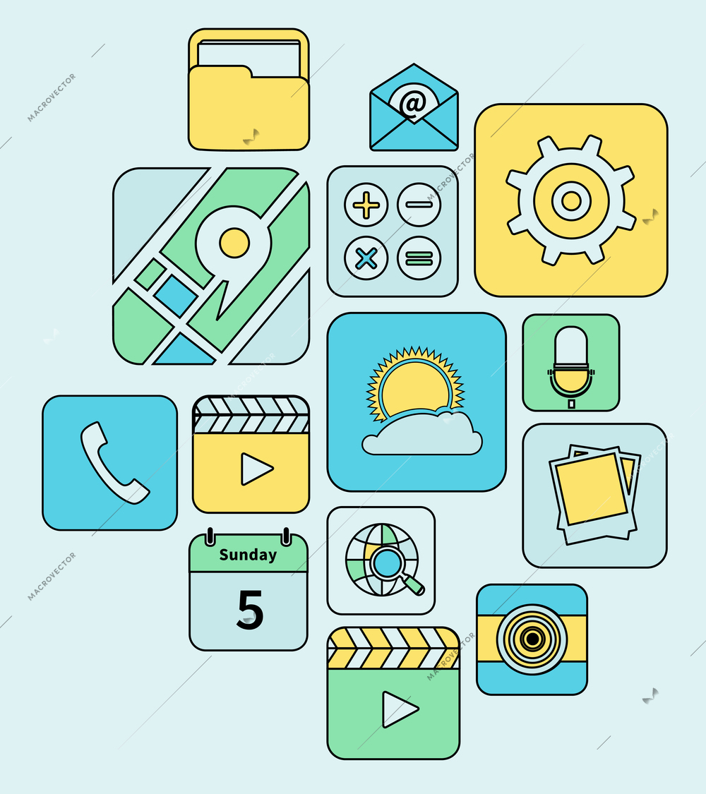 Mobile phone applications flat line icons set isolated vector illustration