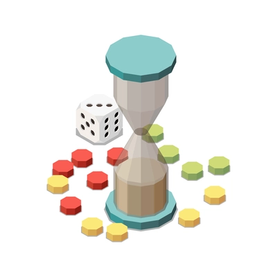 Board game isometric colored composition with dice chips and hourglass 3d vector illustration