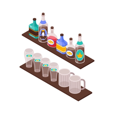 Bar interior isometric icon with bottles and mugs on shelves 3d vector illustration