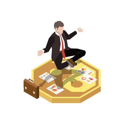 Leadership concept icon with businessman flying in lotus position above papers with diagrams isometric vector illustration