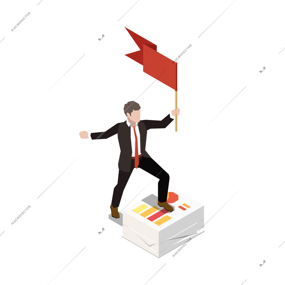 Leadership isometric icon with confident businessman holding flag vector illustration