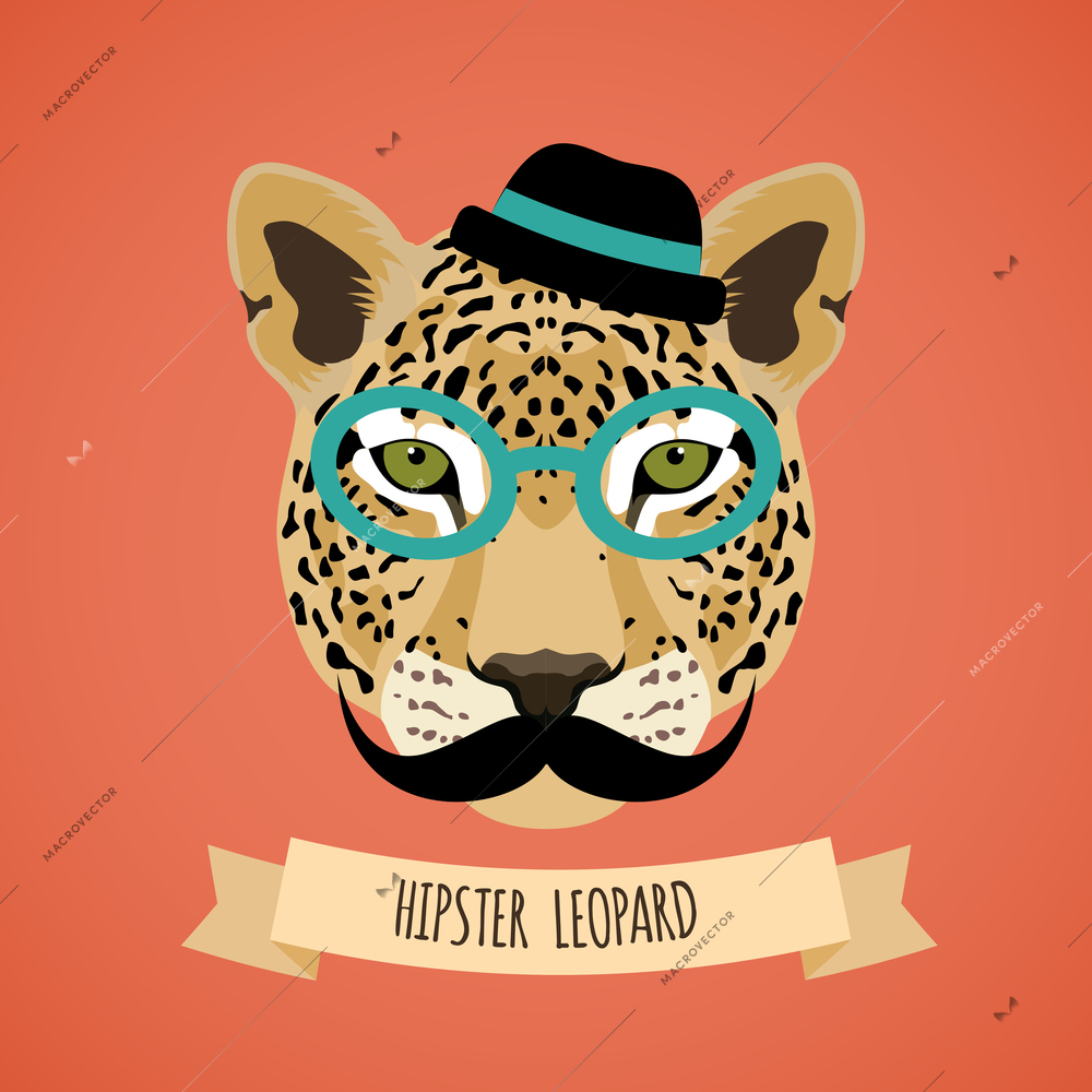 Animal leopard with glasses hat and moustaches hipster character portrait vector illustration