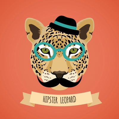 Animal leopard with glasses hat and moustaches hipster character portrait vector illustration