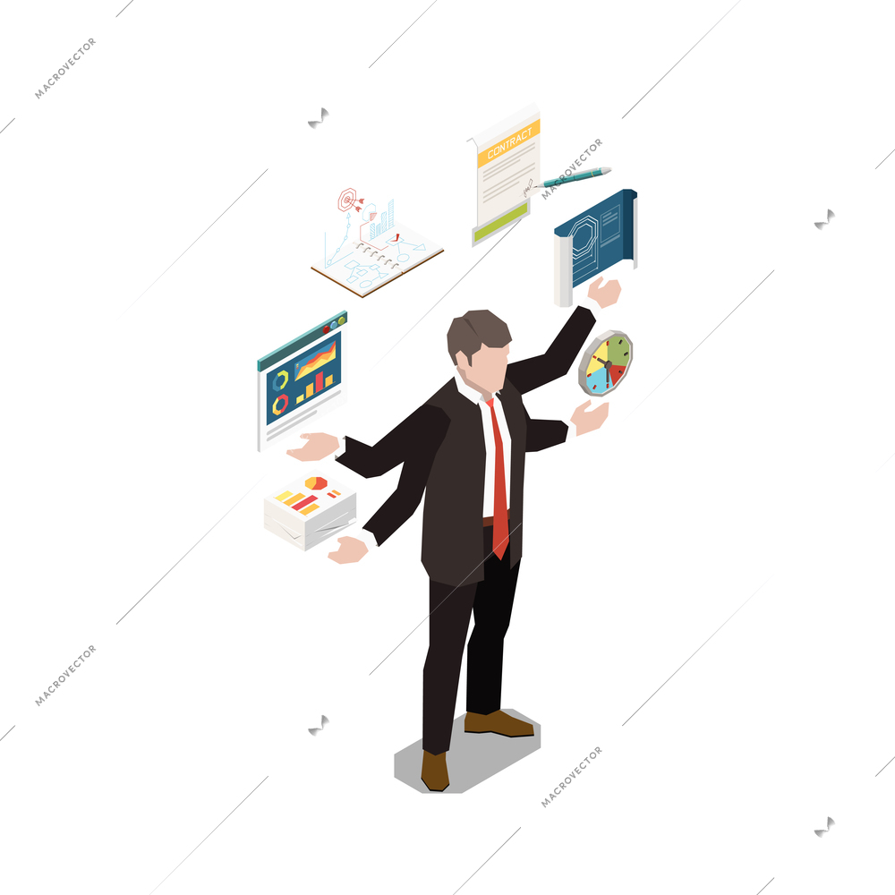 Leadership multi tasking concept icon with businessman character with four arms isometric vector illustration