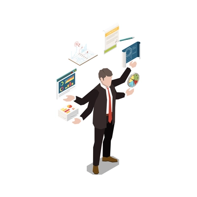 Leadership multi tasking concept icon with businessman character with four arms isometric vector illustration